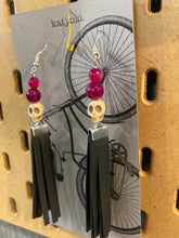 Load image into Gallery viewer, K23 Katydid recycled bike tube earrings with skulls, purple &amp; pink beads
