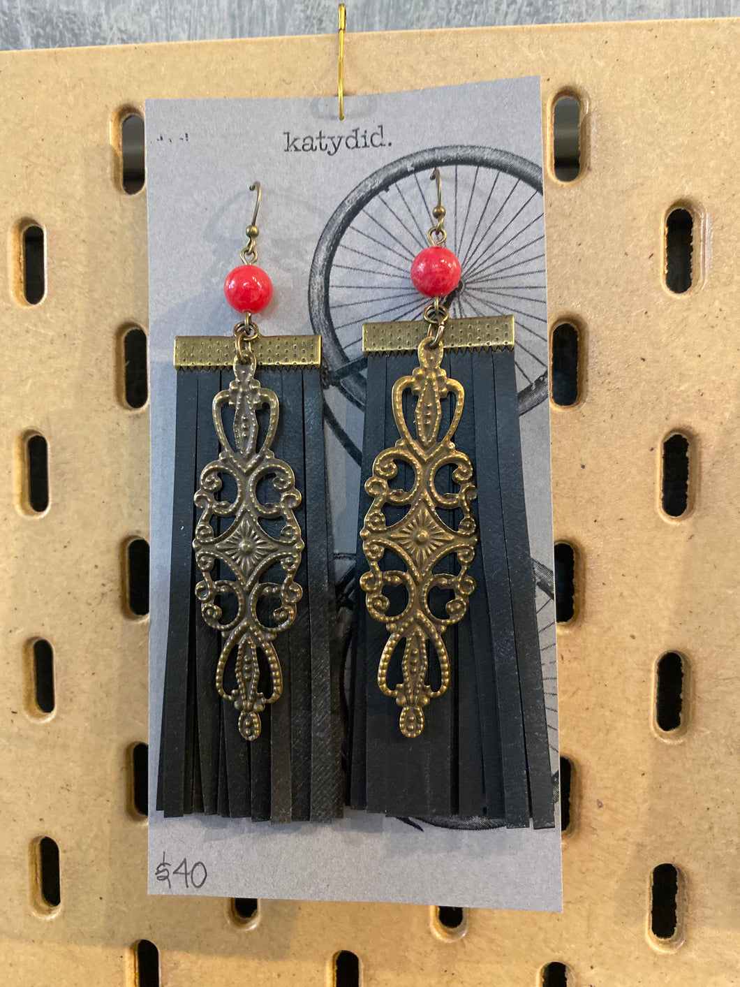 K21 KatyDid recycled bike tube earrings with filigree & red bead