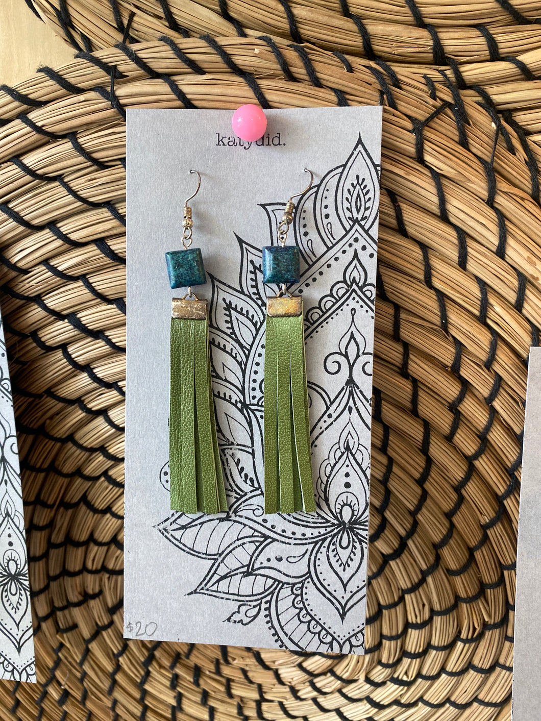 K8 Katydid chrysocolla & green leather earrings