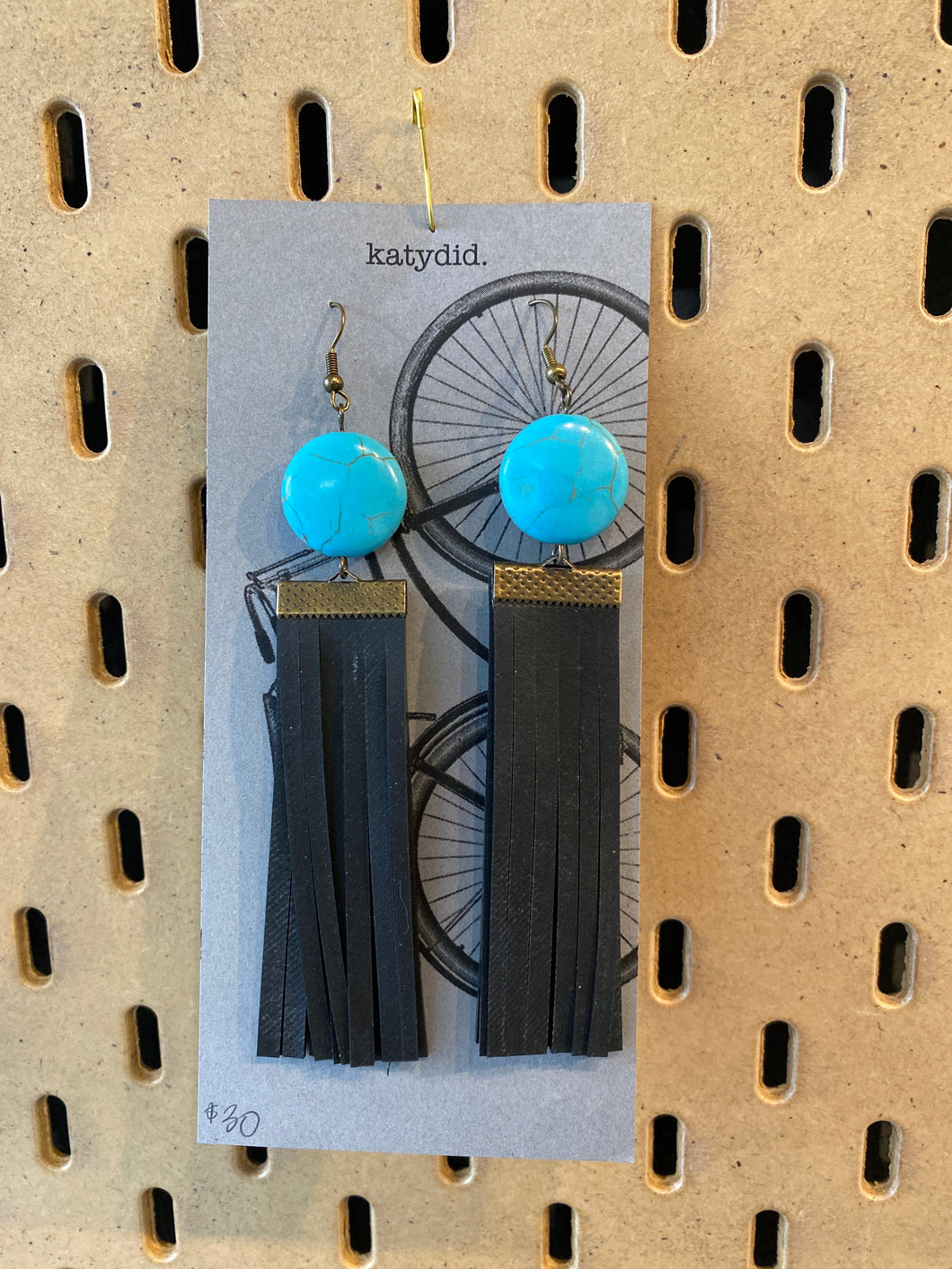 K17 Katydid black reclaimed bike tube with turquoise stone earrings