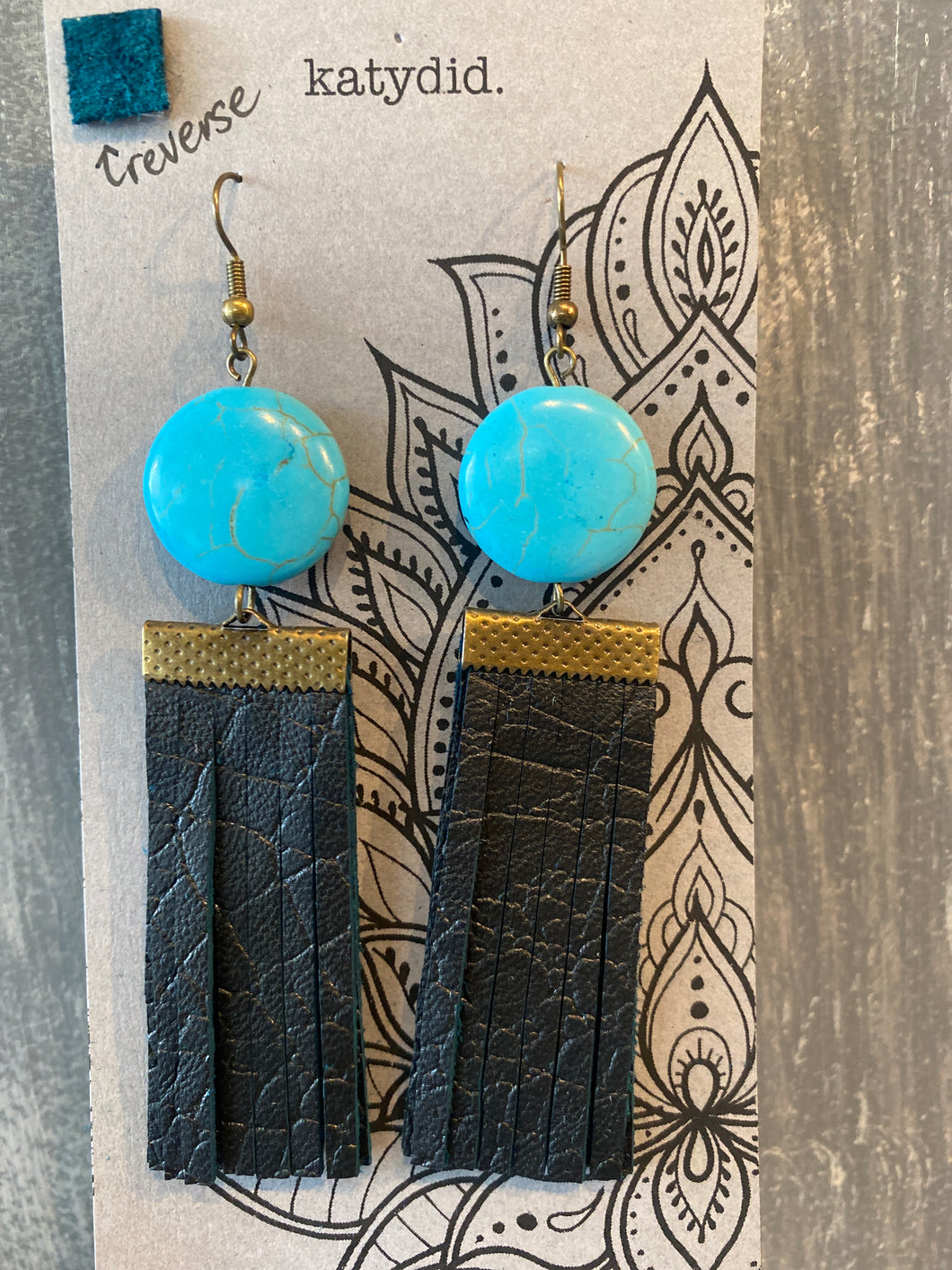 K10 Katydid howlite & black leather reverse turquoise earrings