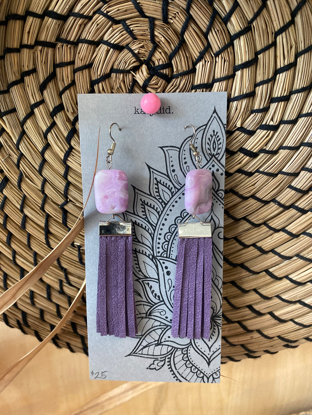 K11 Katydid ocean Jasper and purple leather earrings