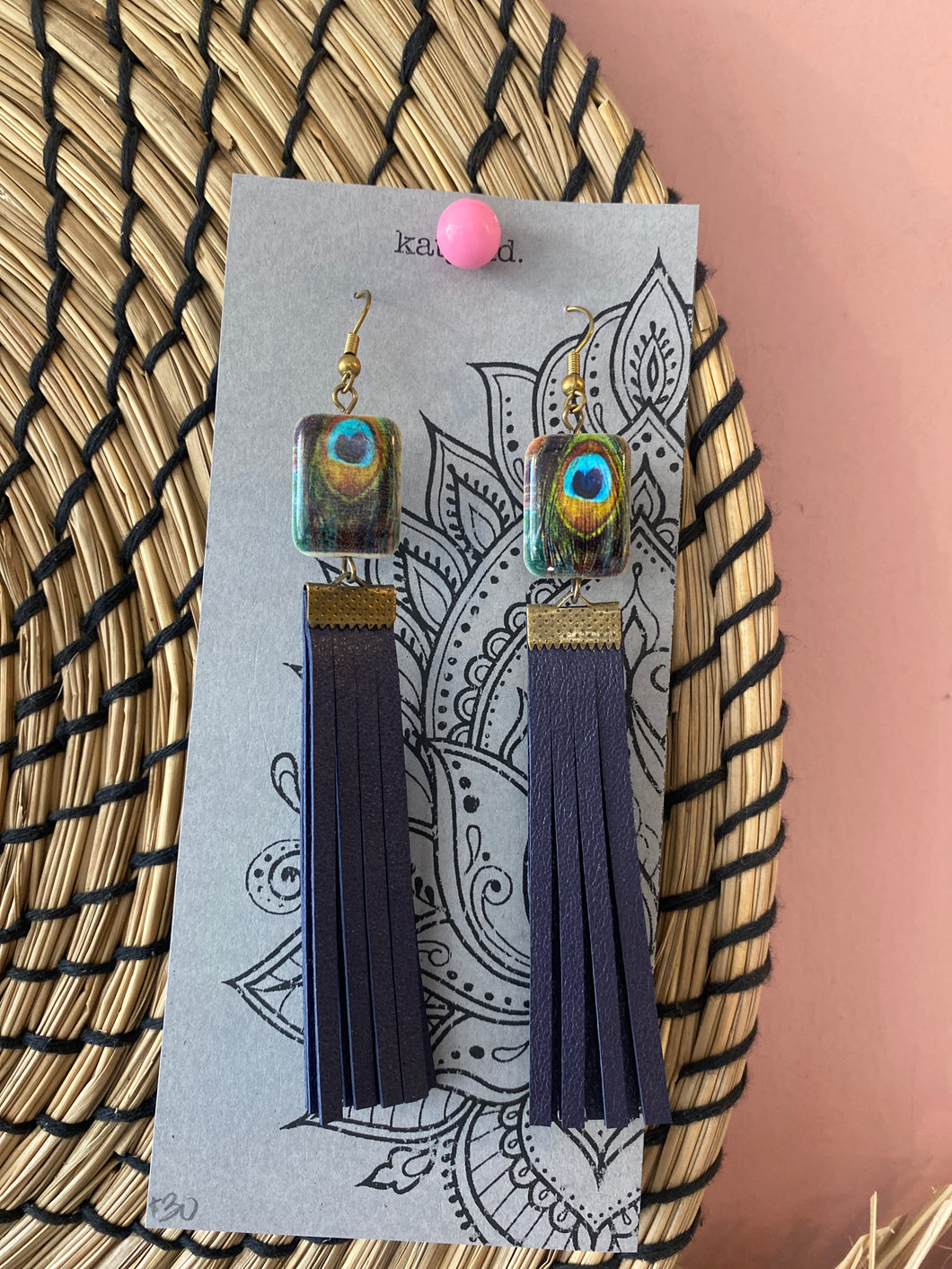 K6 Katydid peacock & navy leather earrings