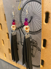 Load image into Gallery viewer, K23 Katydid recycled bike tube earrings with skulls, purple &amp; pink beads
