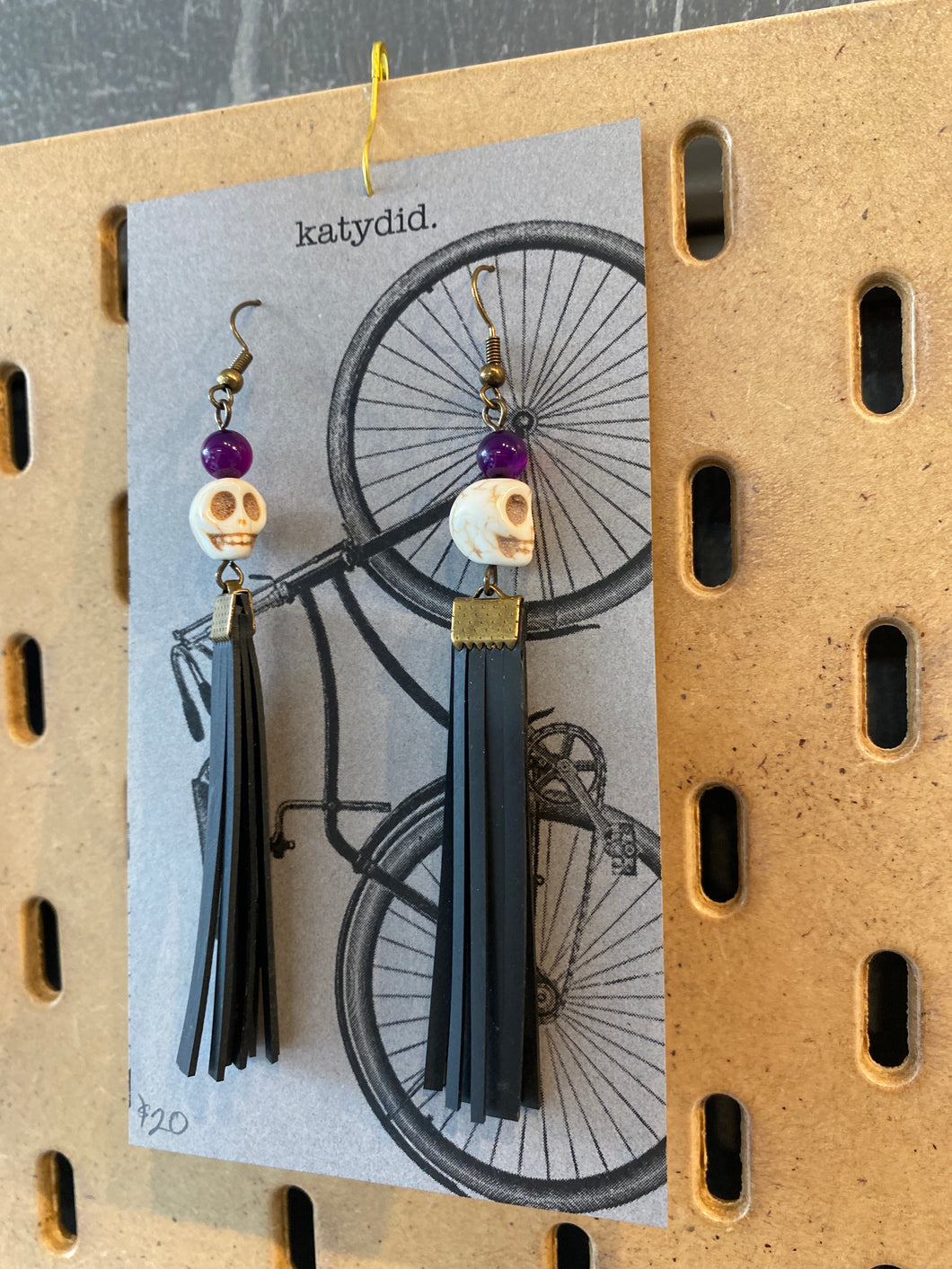 K15 Katydid skull black reclaimed bike tube earrings