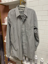 Load image into Gallery viewer, Liminal Spaces “don’t assume” grey pinstriped shirt
