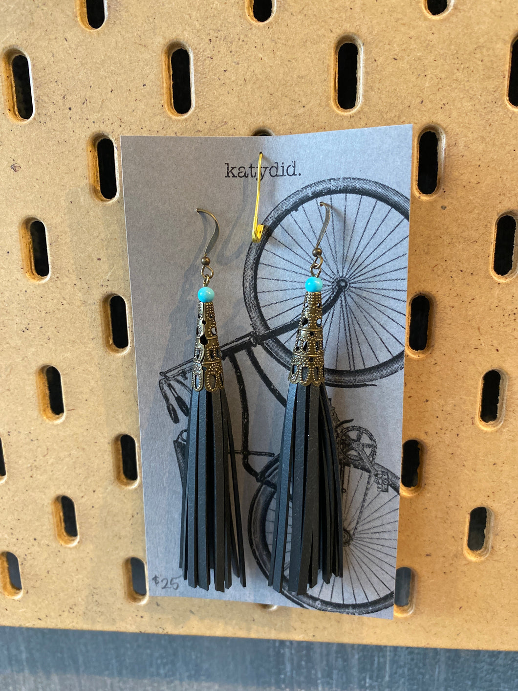 K19 Katydid black reclaimed bike tube tassel earring