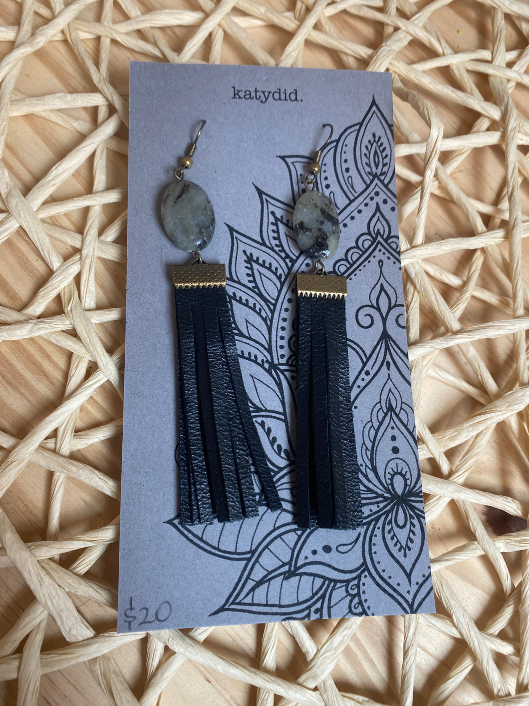 Katydid K24 reclaimed black leather earrings with stone