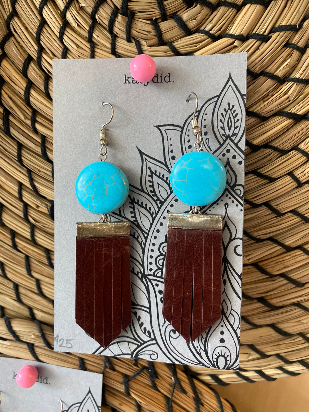 K9 Katydid Howlite & brown leather earrings