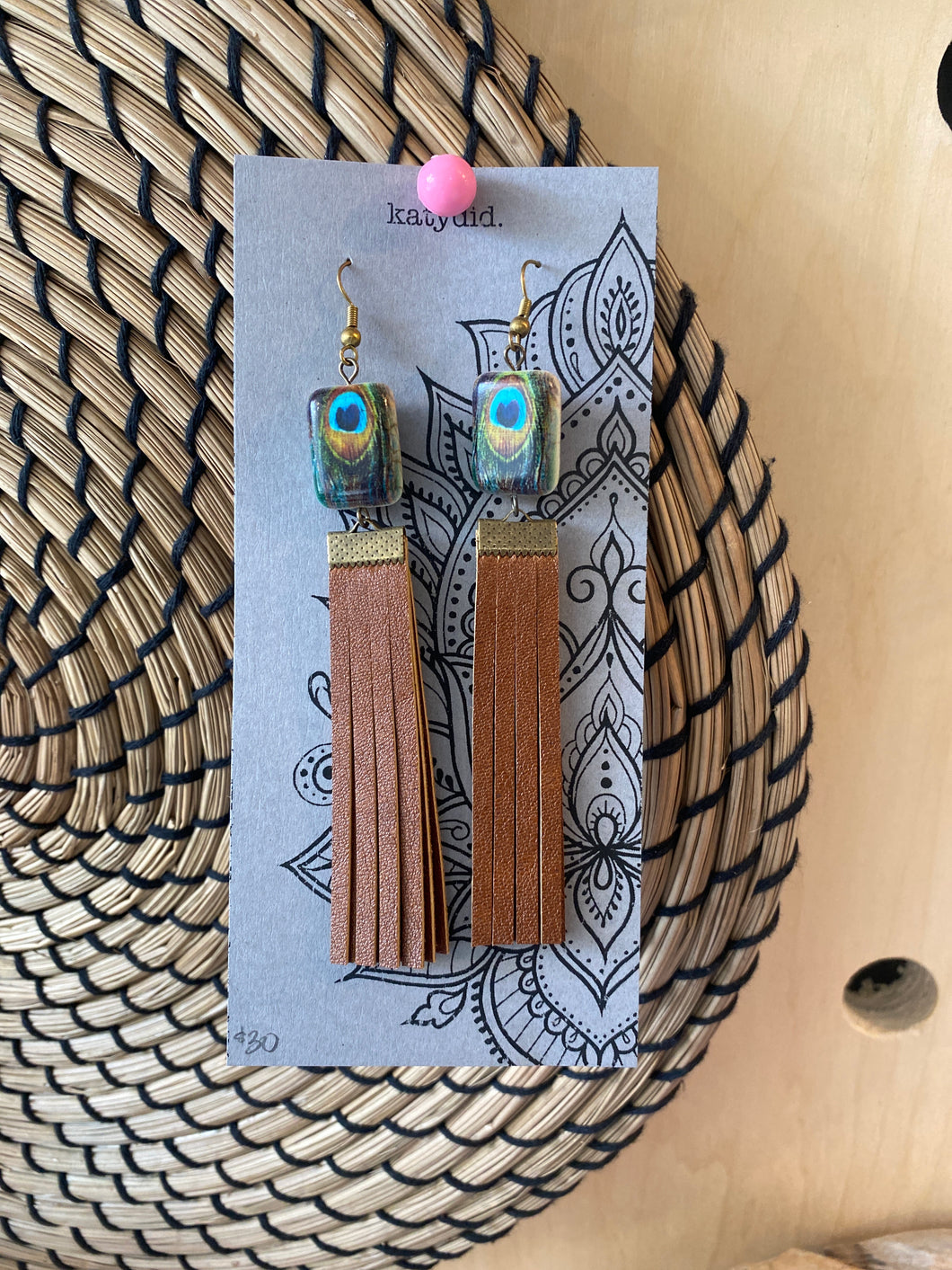 K5 Katydid peacock & brown leather earrings