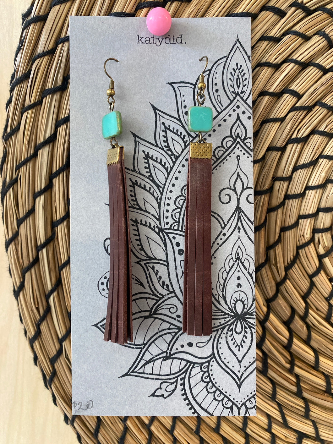 K3 Katydid Czech glass & leather earrings